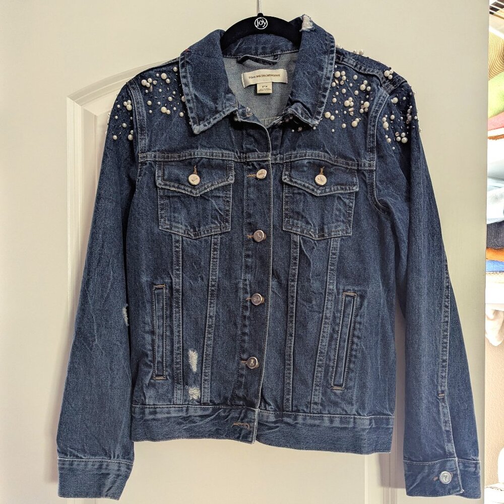 Pilcro and the Letterpress Pearl-Embellished Blue Denim Jacket